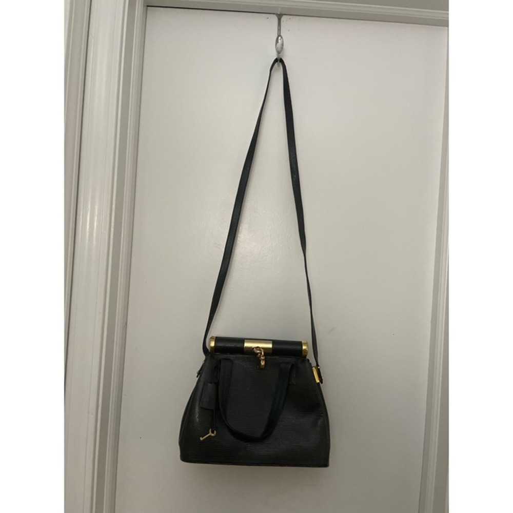 Stuart WeitzmanBlack Lizard Embossed Leather Handbag with Gold Lock and Key